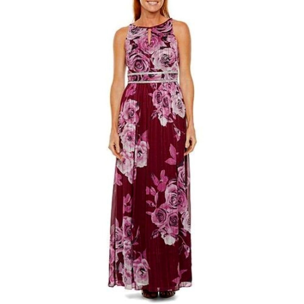 R & M Richards Sleeveless Floral Evening Gown